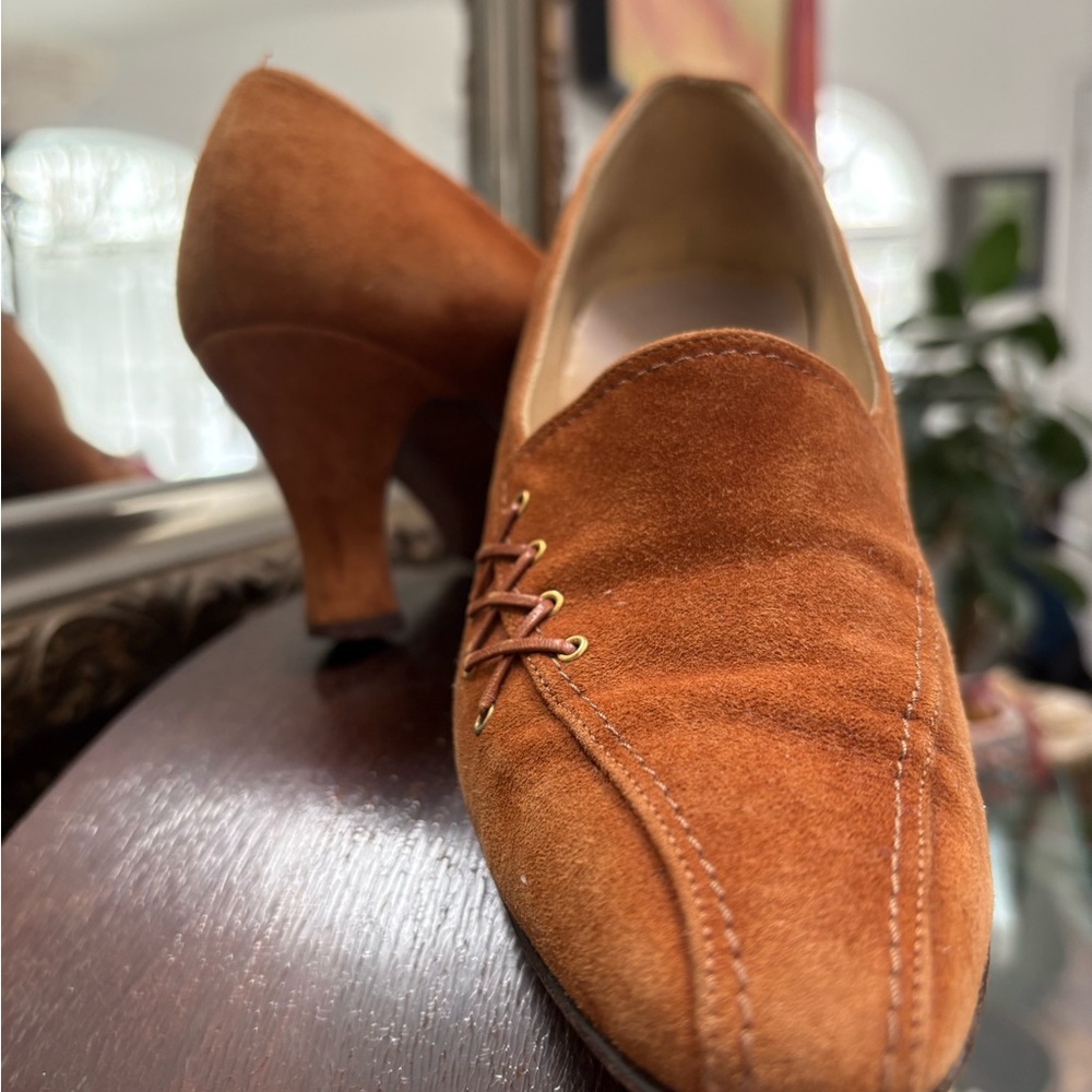 Mustard Brown suede leather high heels real sole hand made shoes Sz 6